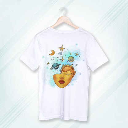 White Round Neck Oversized Cotton Printed T-shirt - Cosmic Serenity
