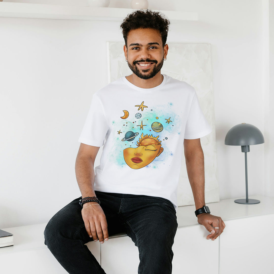 White Round Neck Oversized Cotton Printed T-shirt - Cosmic Serenity