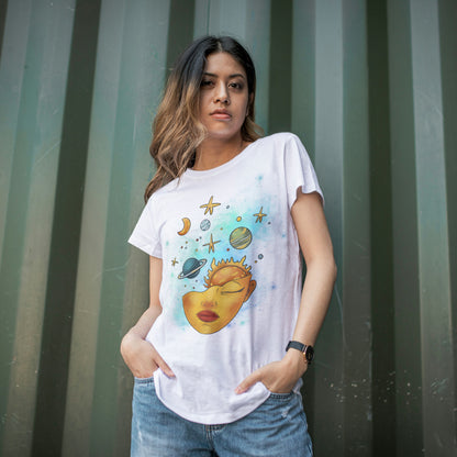 White Round Neck Oversized Cotton Printed T-shirt - Cosmic Serenity
