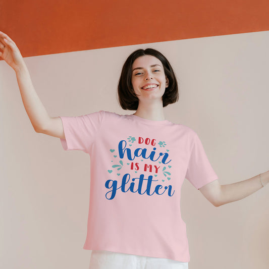 Light Pink Round Neck Oversized Cotton Printed T-shirt Dog Hair is my Glitter Unisex