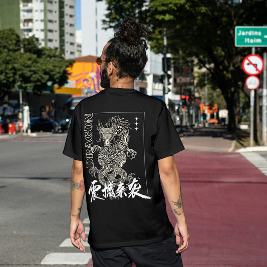 Black Round Neck Oversized Cotton Printed T-shirt Dragon Shock Unisex