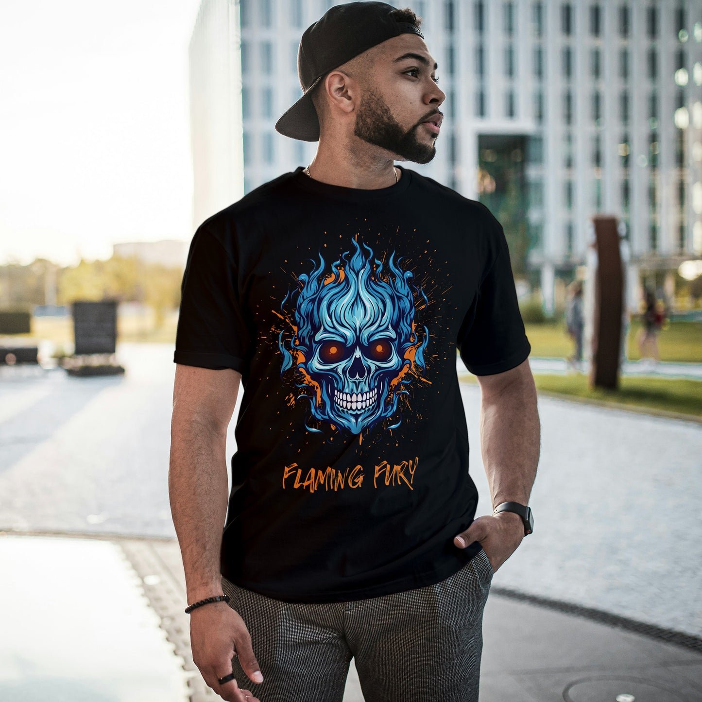 Black Round Neck Oversized Cotton Printed T-shirt Flaming Fury Unisex