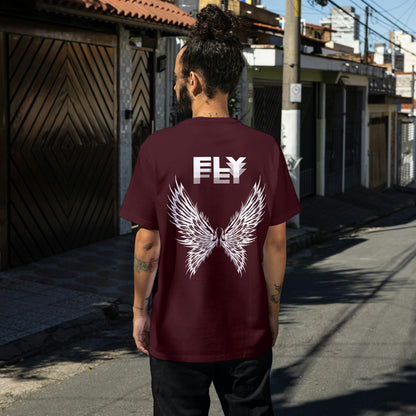 Maroon Round Neck Oversized Cotton Printed T-shirt Fly Wings Unisex
