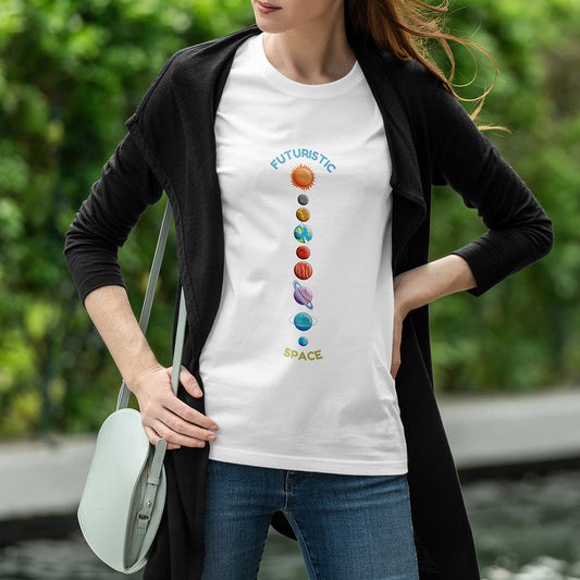White Round Neck Classic Printed Classic T-Shirt Futuristic Space | Women