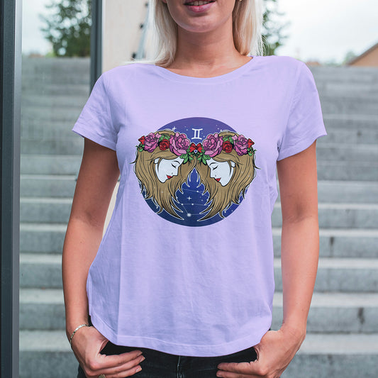 Lavender Round Neck Classic Printed Classic T-Shirt Gemini Horoscope | Women