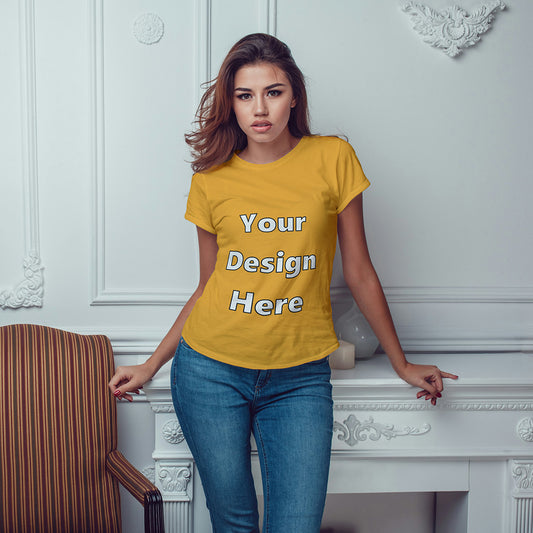 Golden Yellow Round Neck Classic Customized T-Shirt Front Design | Women