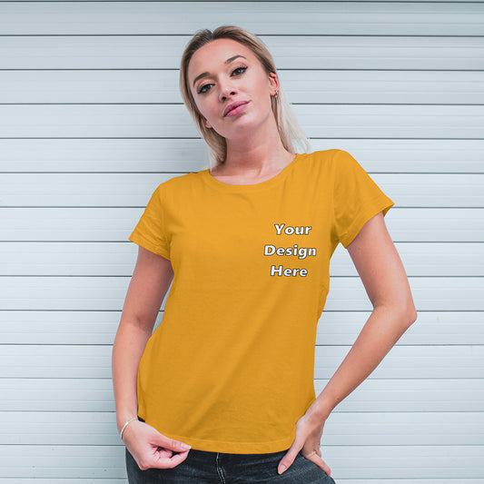 Golden Yellow Round Neck Classic Customized T-Shirt Front Pocket Design | Women