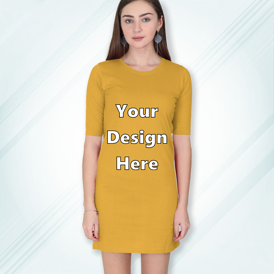 Golden Yellow Customized Long T-Shirt Dress with Side Pockets Front Design | Women