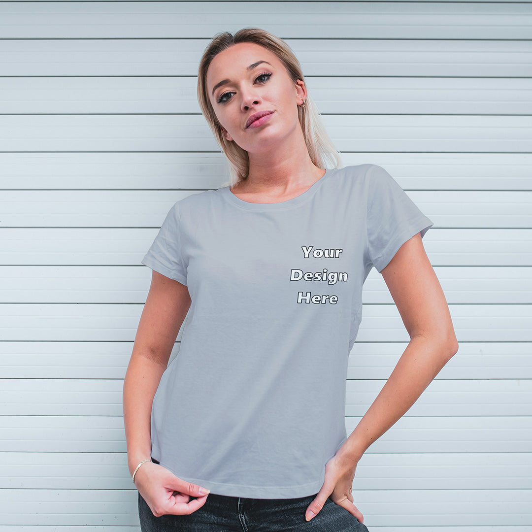Grey Melange Round Neck Classic Customized T-Shirt Front Pocket Design | Women