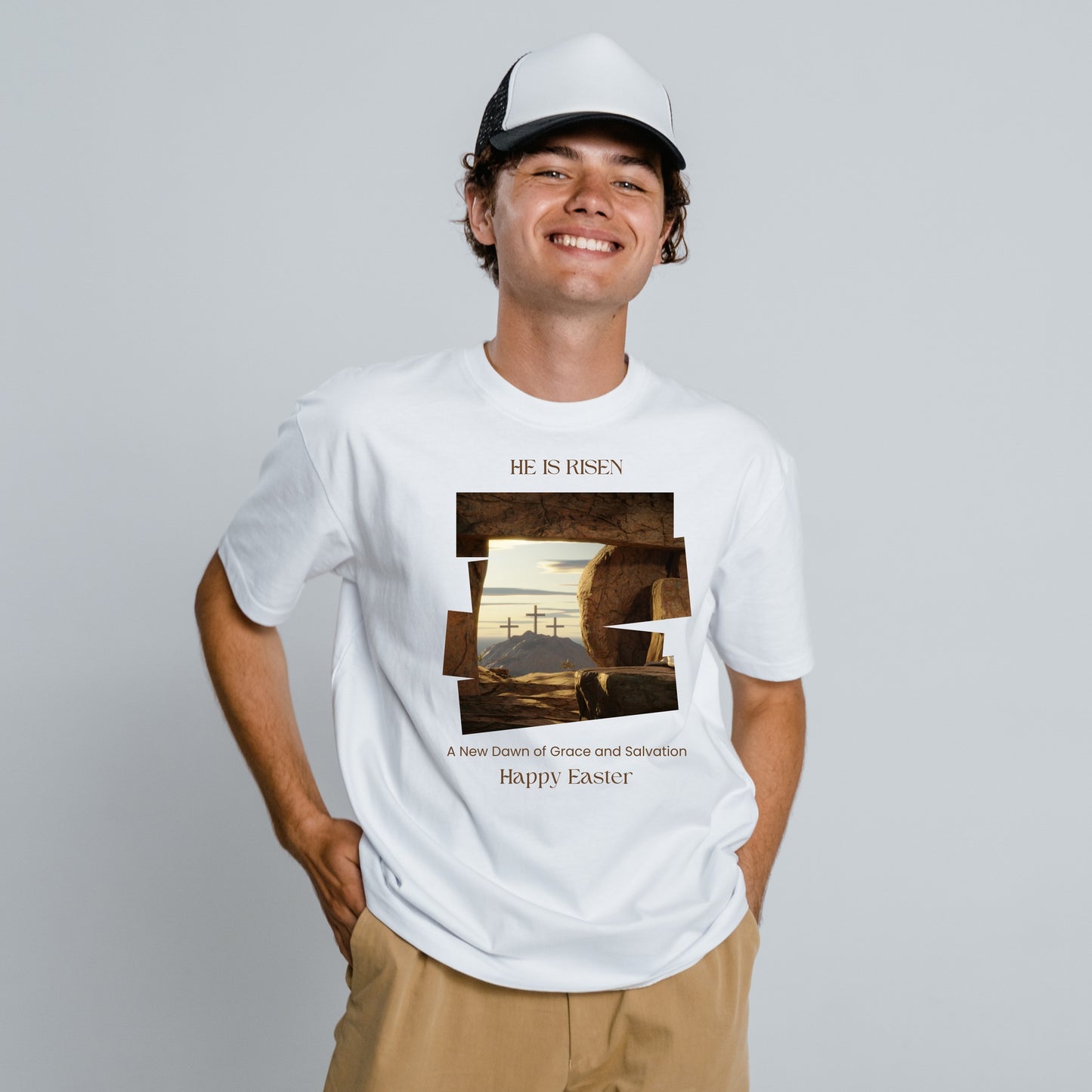 White Round Neck Classic Crew Solid T-shirt He is Risen Happy Easter