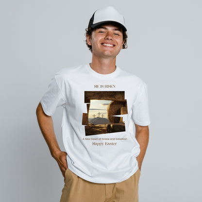 White Round Neck Classic Crew Solid T-shirt He is Risen Happy Easter