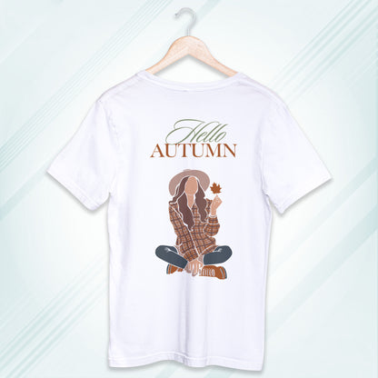 White Round Neck Oversized Cotton Printed T-shirt Hello Autumn Unisex