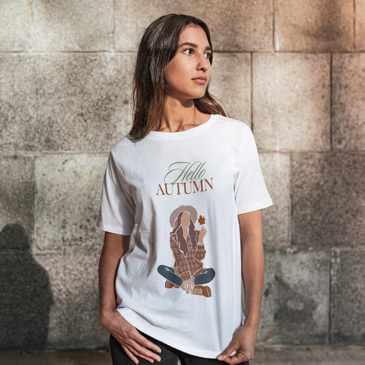 White Round Neck Oversized Cotton Printed T-shirt Hello Autumn Unisex