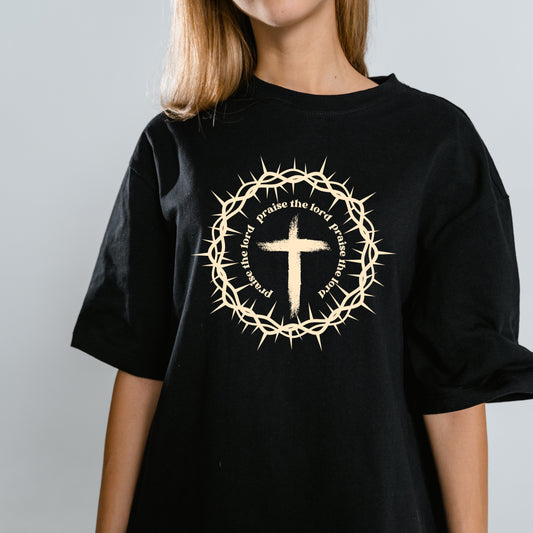 Black Round Neck Oversized Cotton Printed T-shirt Jesus Praise the Lord