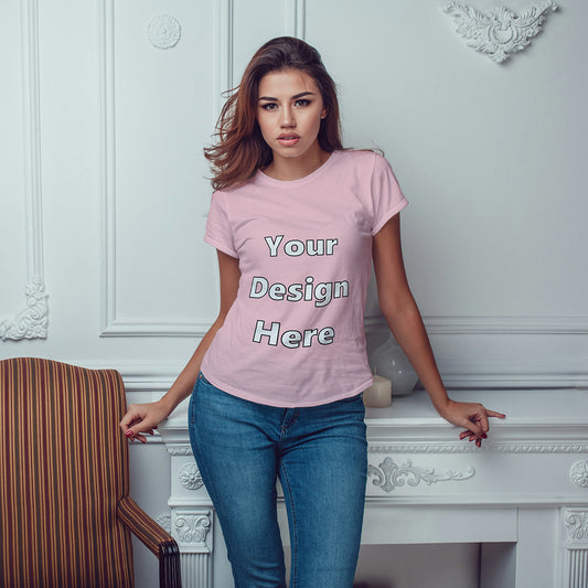 Light Pink Round Neck Classic Customized T-Shirt Front Design | Women