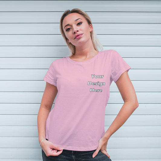 Light Pink Round Neck Classic Customized T-Shirt Front Pocket Design | Women