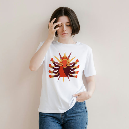 White Round Neck Oversized Cotton Printed T-shirt Maa Durga Unisex