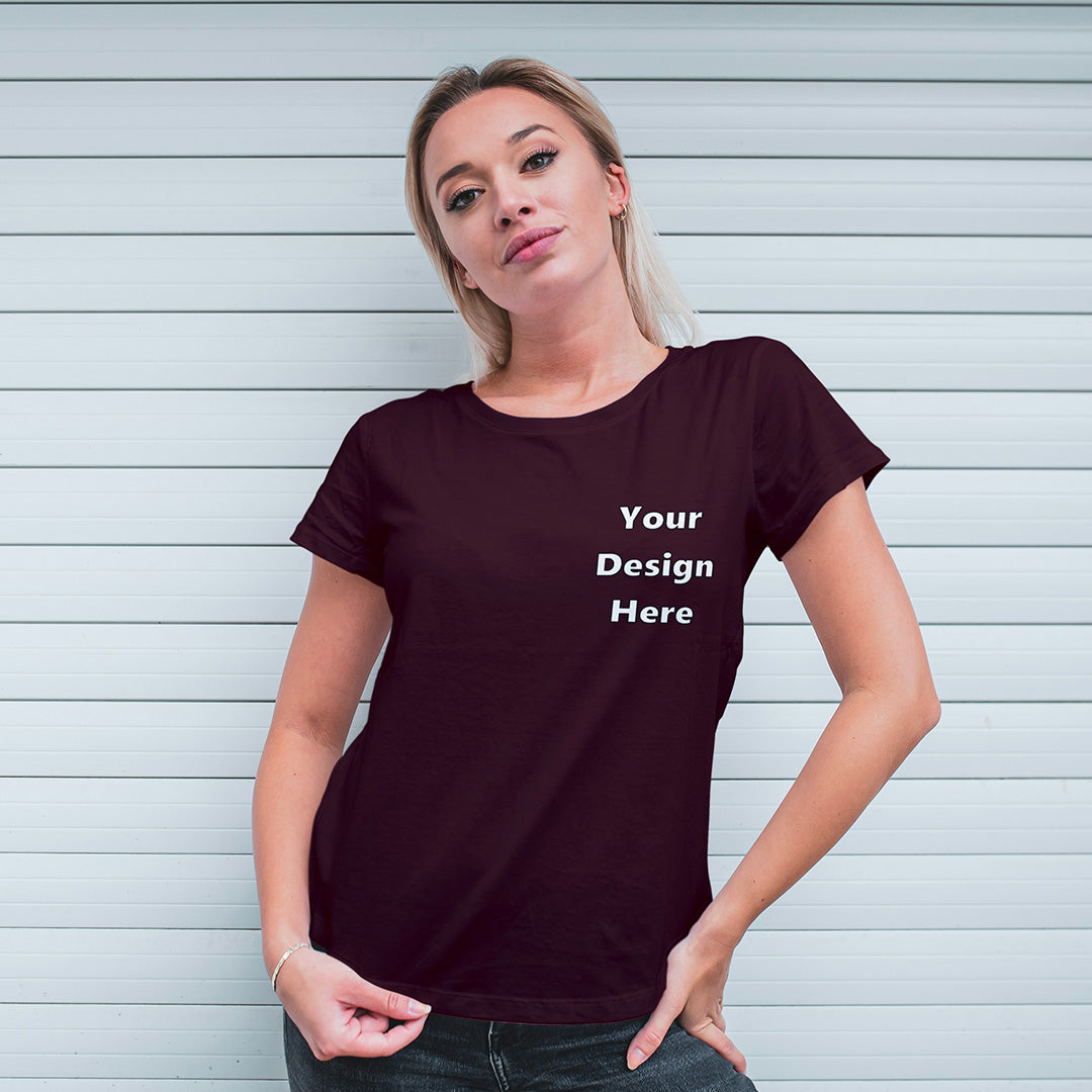 Maroon Round Neck Classic Customized T-Shirt Front Pocket Design | Women