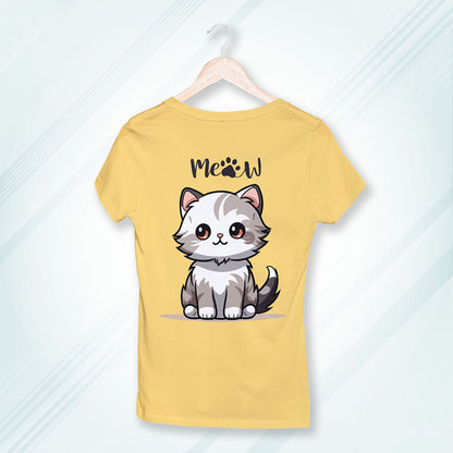 Yellow Round Neck Classic Printed Classic T-Shirt Meow Cat | Women