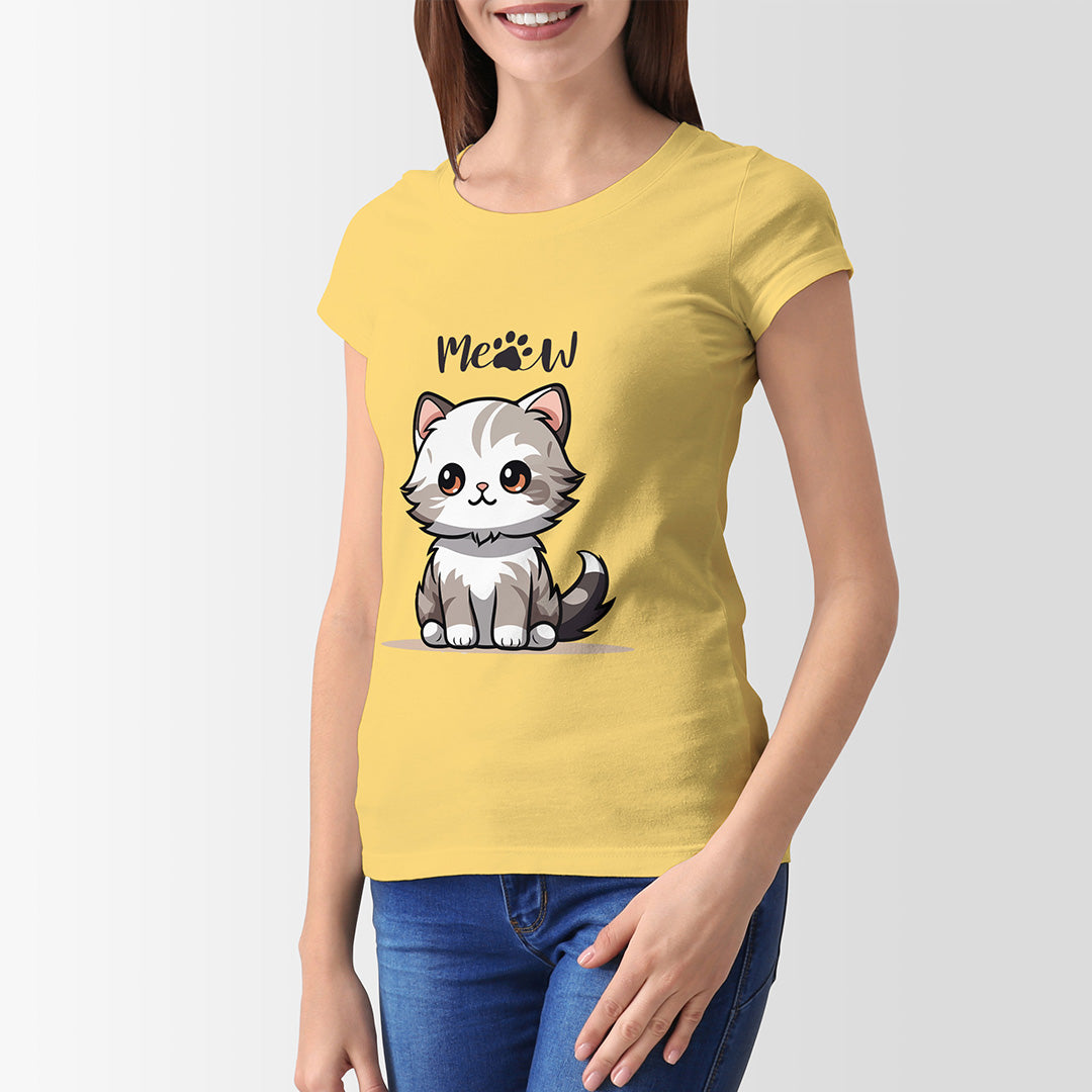 Yellow Round Neck Classic Printed Classic T-Shirt Meow Cat | Women