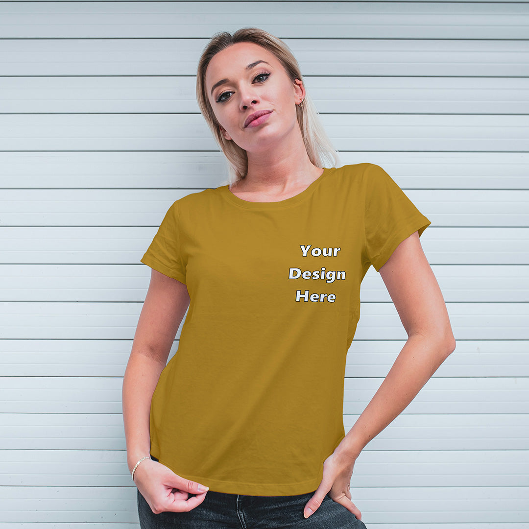 Mustard Yellow Round Neck Classic Customized T-Shirt Front Pocket Design | Women