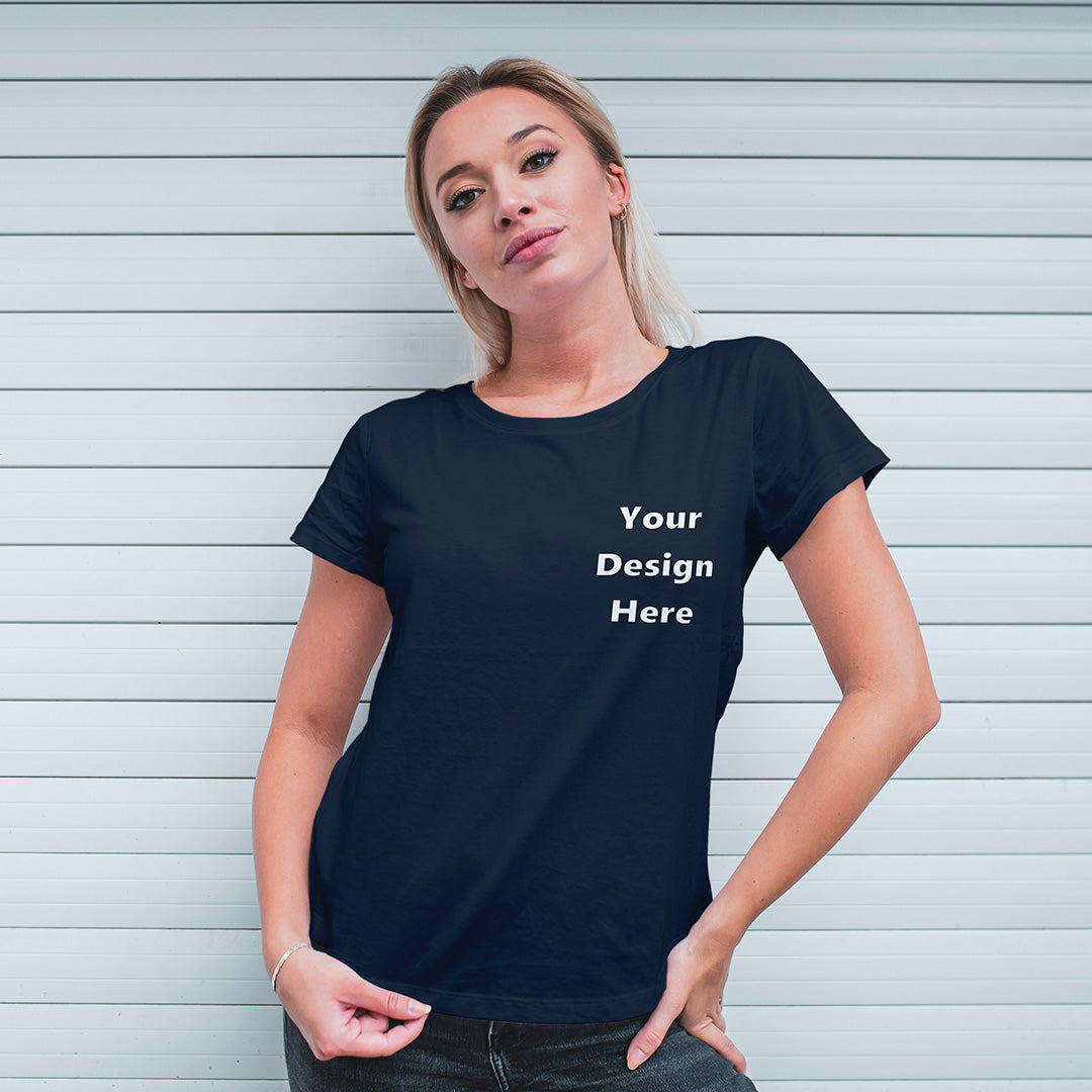 Navy Round Neck Classic Customized T-Shirt Front Pocket Design | Women