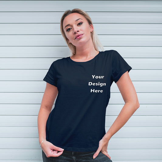 Navy Round Neck Classic Customized T-Shirt Front Pocket Design | Women
