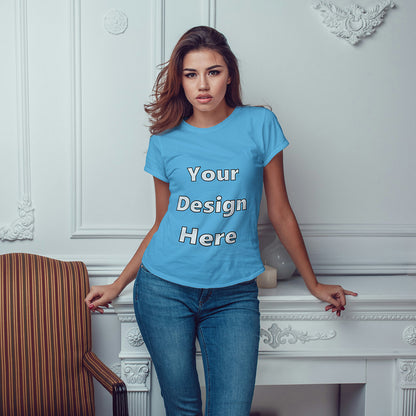New Sky Blue Round Neck Classic Customized T-Shirt Front Design | Women