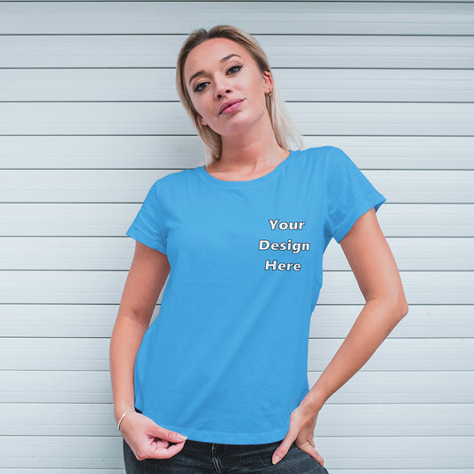 New Sky Blue Round Neck Classic Customized T-Shirt Front Pocket Design | Women