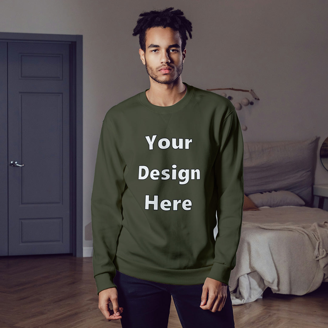 Olive Green Front Customized Cotton Solid Sweatshirt | Unisex