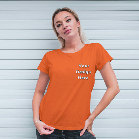 Orange Round Neck Classic Customized T-Shirt Front Pocket Design | Women
