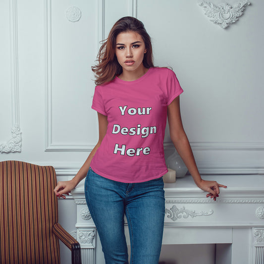 Pink Round Neck Classic Customized T-Shirt Front Design | Women