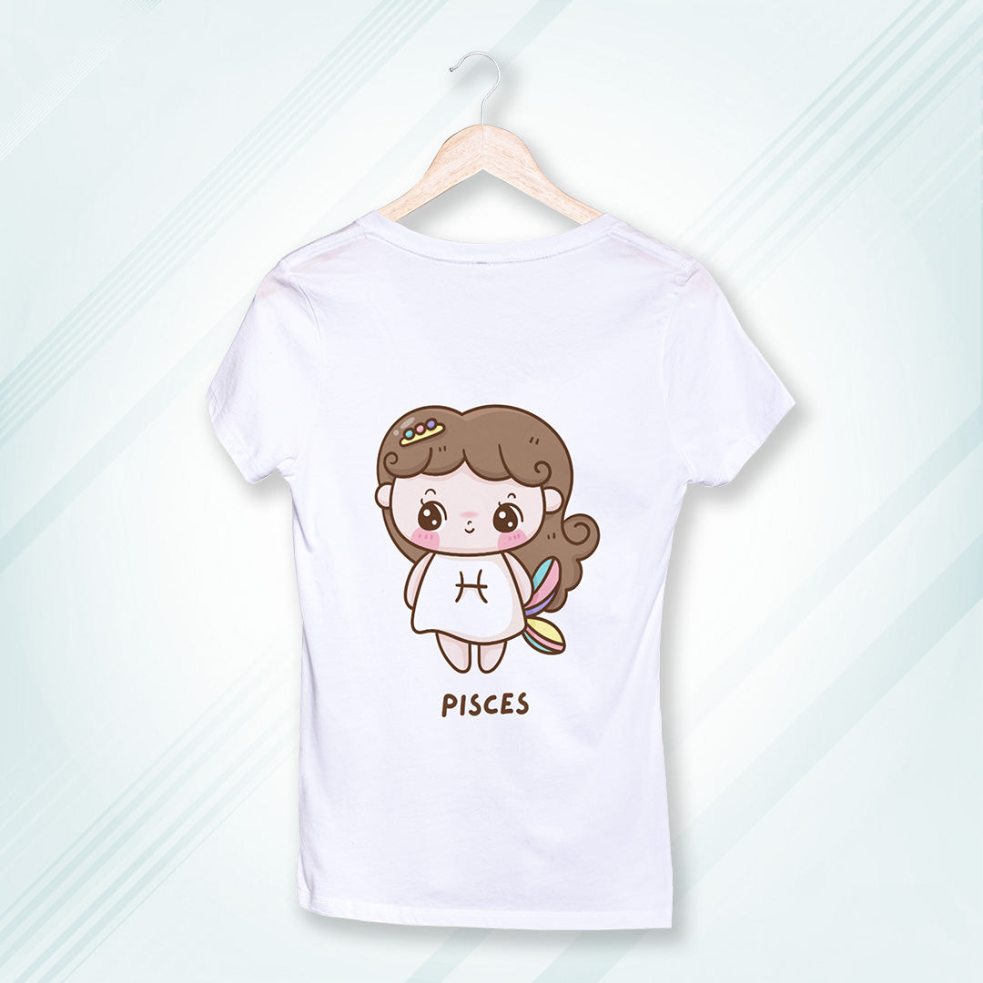 White Round Neck Classic Printed Classic T-Shirt Cute Pisces Horoscope | Women