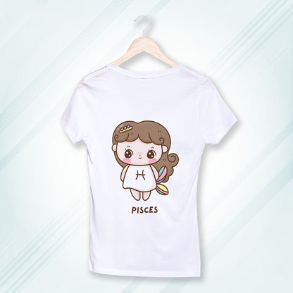 White Round Neck Classic Printed Classic T-Shirt Cute Pisces Horoscope | Women