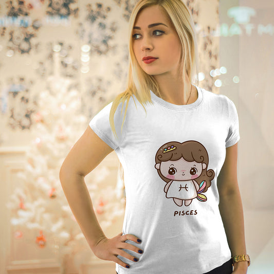 White Round Neck Classic Printed Classic T-Shirt Cute Pisces Horoscope | Women