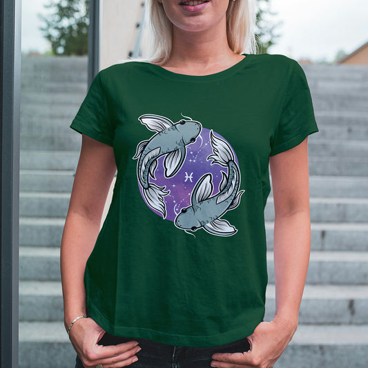 Green Round Neck Classic Printed Classic T-Shirt Pisces Horoscope | Women