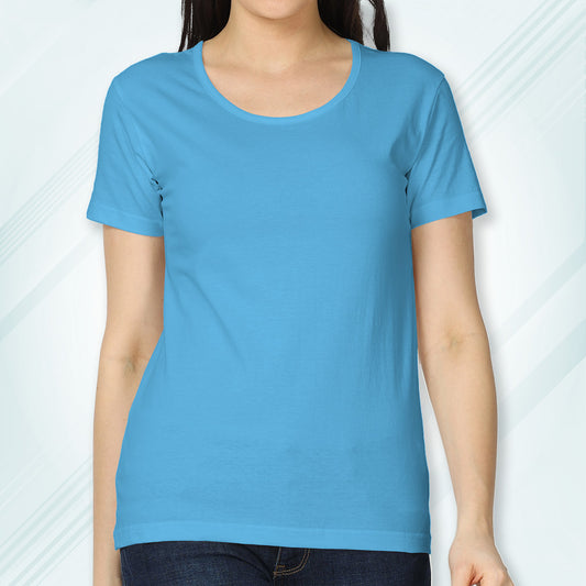 New Sky Blue Round Neck Classic Solid T-shirt | Women