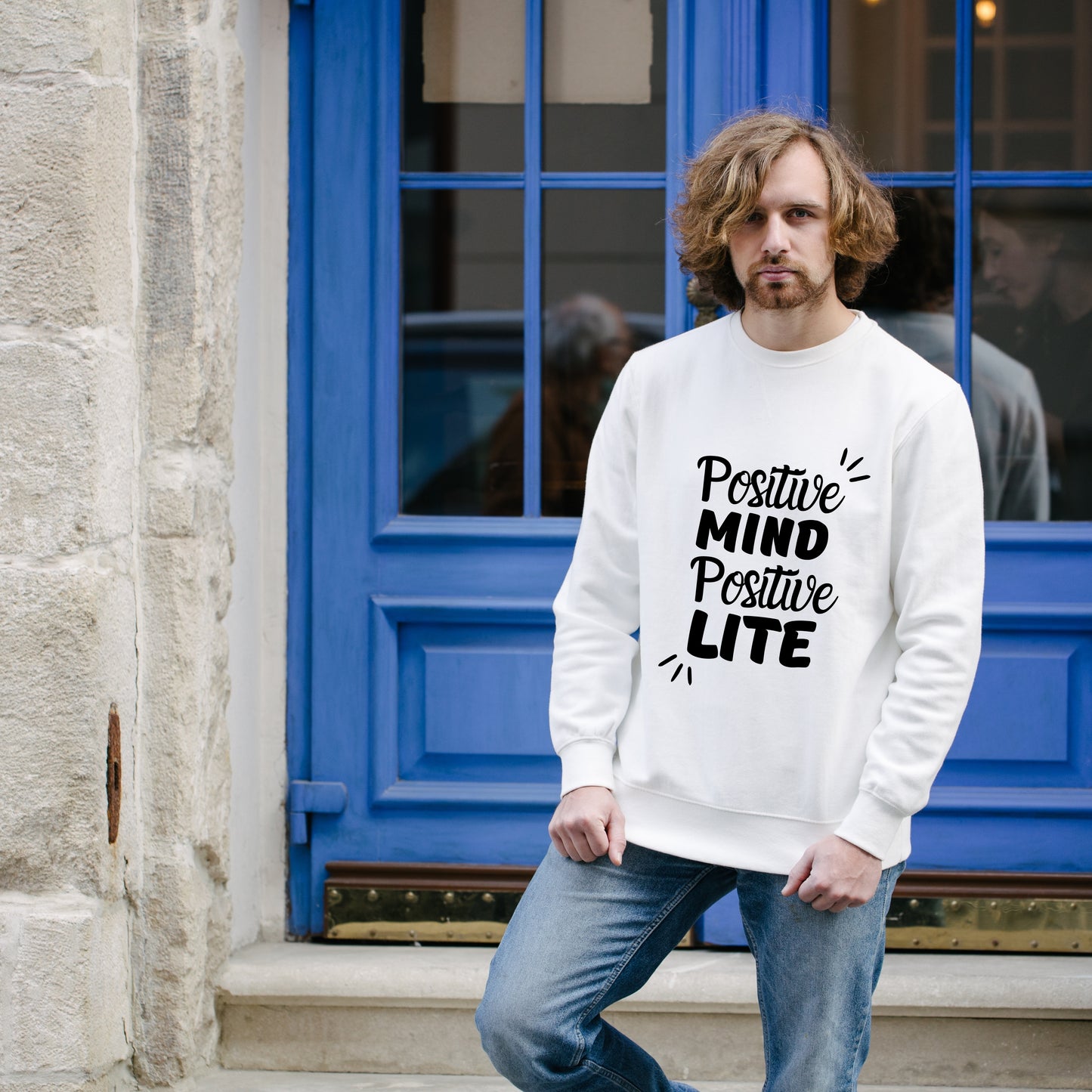 White Cotton Printed Unisex Sweatshirt Positive Mind Positive Lite