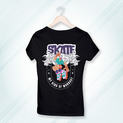 Black Round Neck Classic Printed Classic T-Shirt Roller Skate | Women