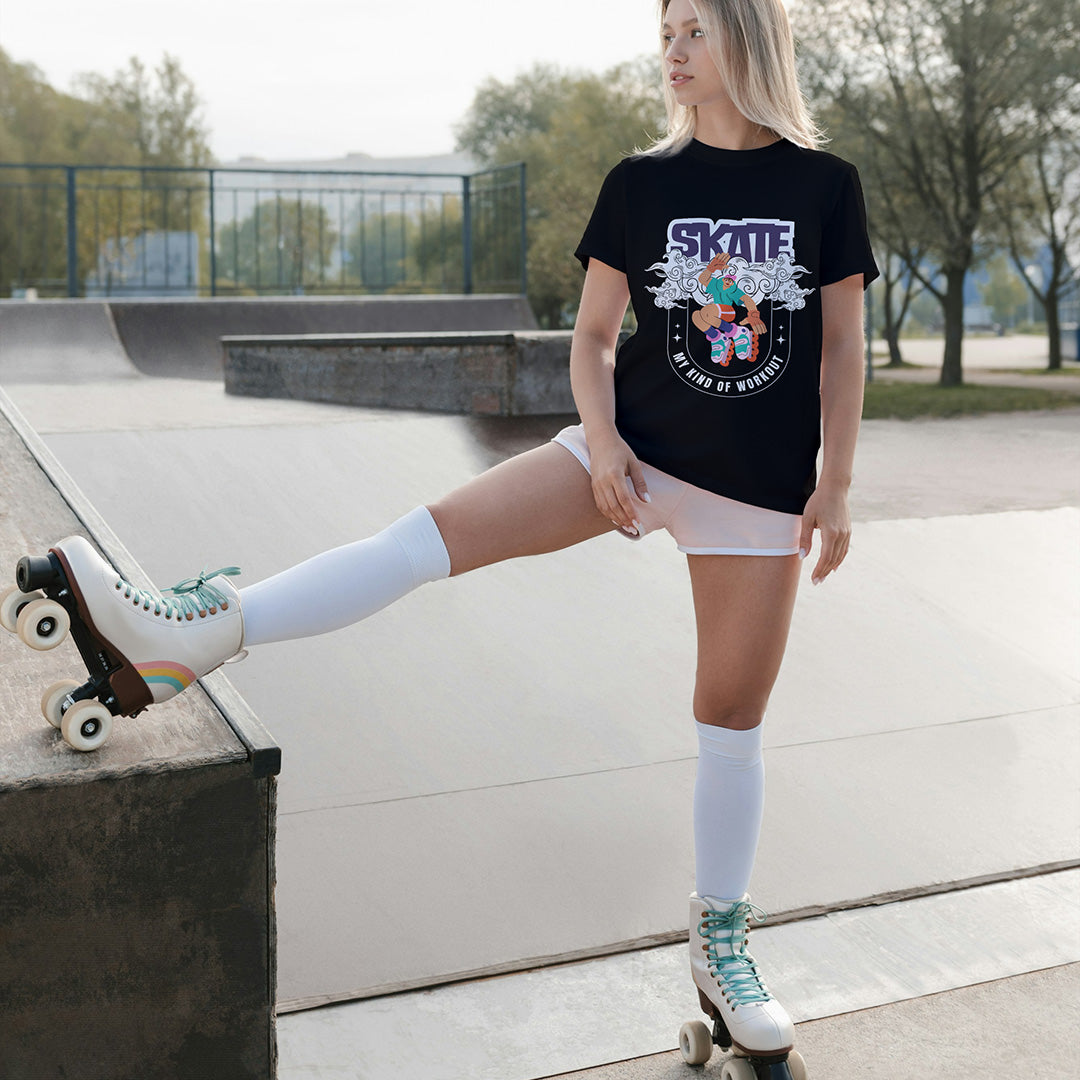 Black Round Neck Classic Printed Classic T-Shirt Roller Skate | Women