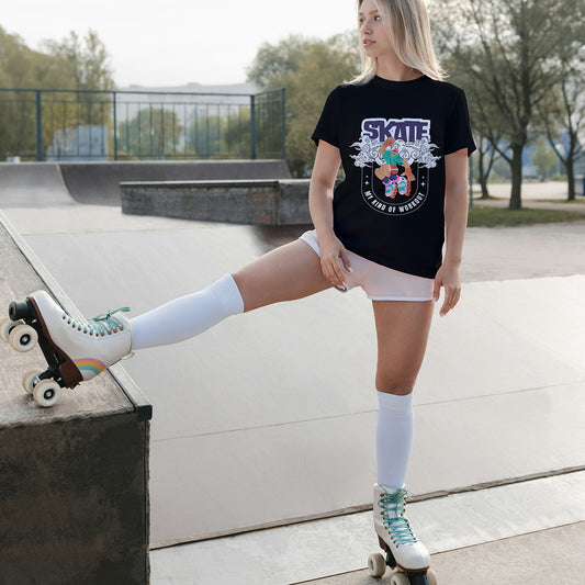 Black Round Neck Classic Printed Classic T-Shirt Roller Skate | Women