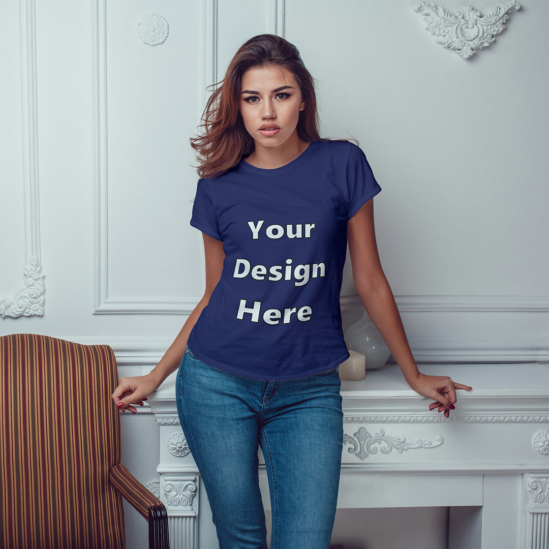 Royal Blue Round Neck Classic Customized T-Shirt Front Design | Women