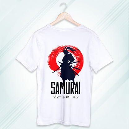 White Round Neck Oversized Cotton Printed T-shirt Samurai Unisex