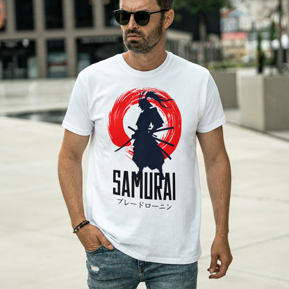White Round Neck Oversized Cotton Printed T-shirt Samurai Unisex