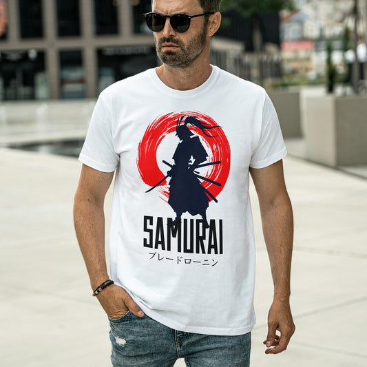 White Round Neck Oversized Cotton Printed T-shirt Samurai Unisex