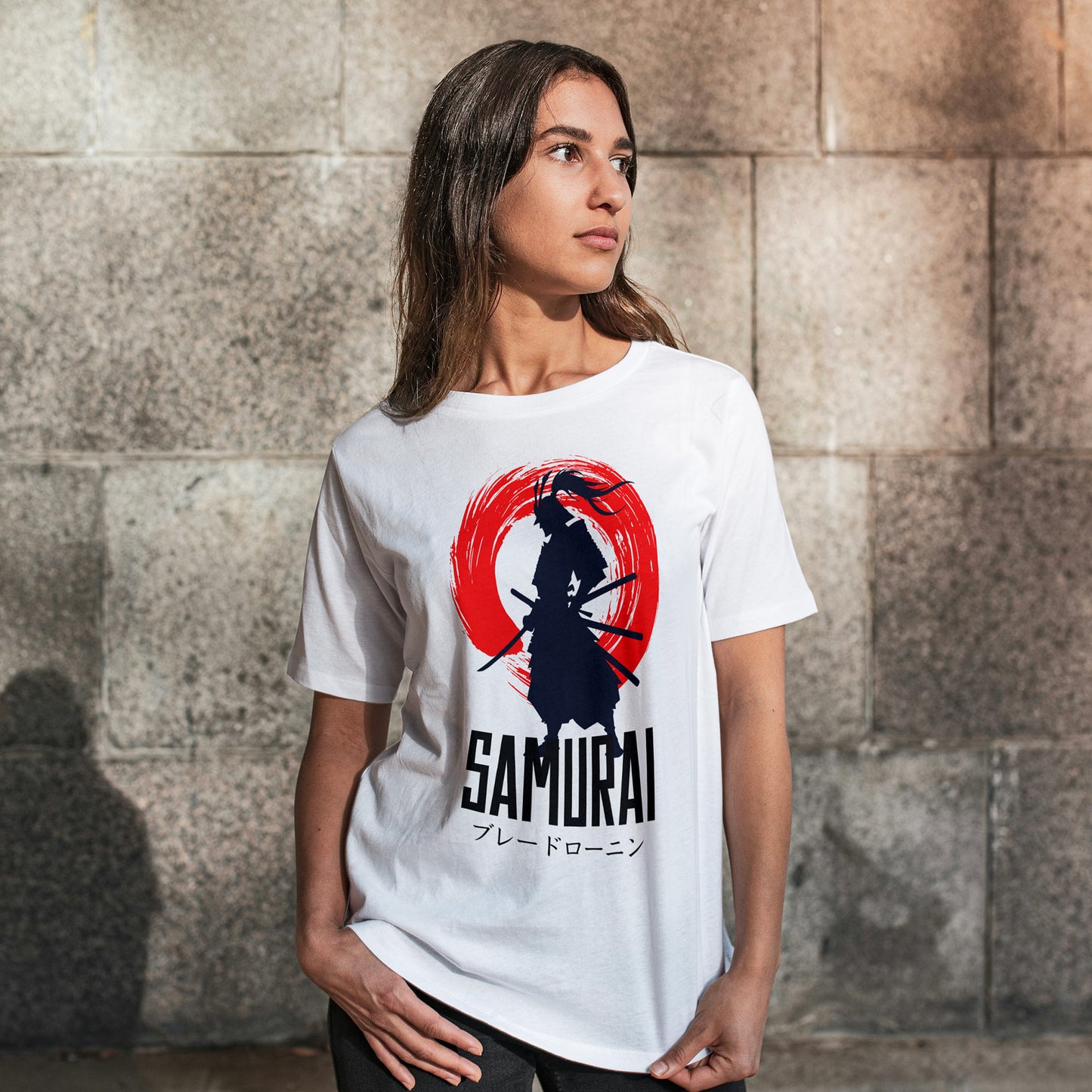 White Round Neck Oversized Cotton Printed T-shirt Samurai Unisex