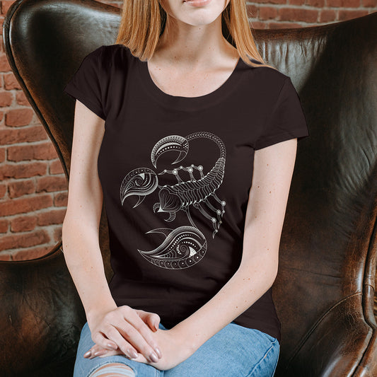 Coffee Brown Round Neck Classic Printed Classic T-Shirt Scorpio Horoscope | Women