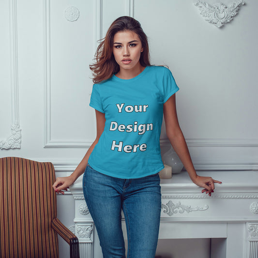 Sky Blue Round Neck Classic Customized T-Shirt Front Design | Women