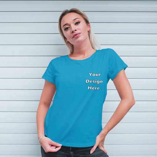 Sky Blue Round Neck Classic Customized T-Shirt Front Pocket Design | Women