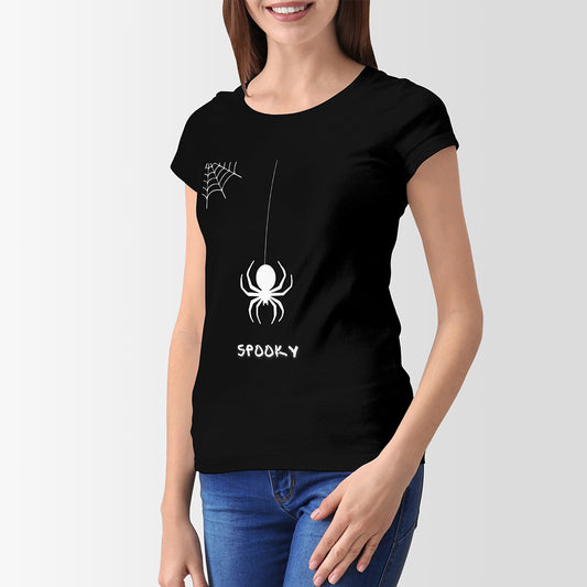 Black Round Neck Classic Printed Classic T-Shirt Spooky Spider | Women